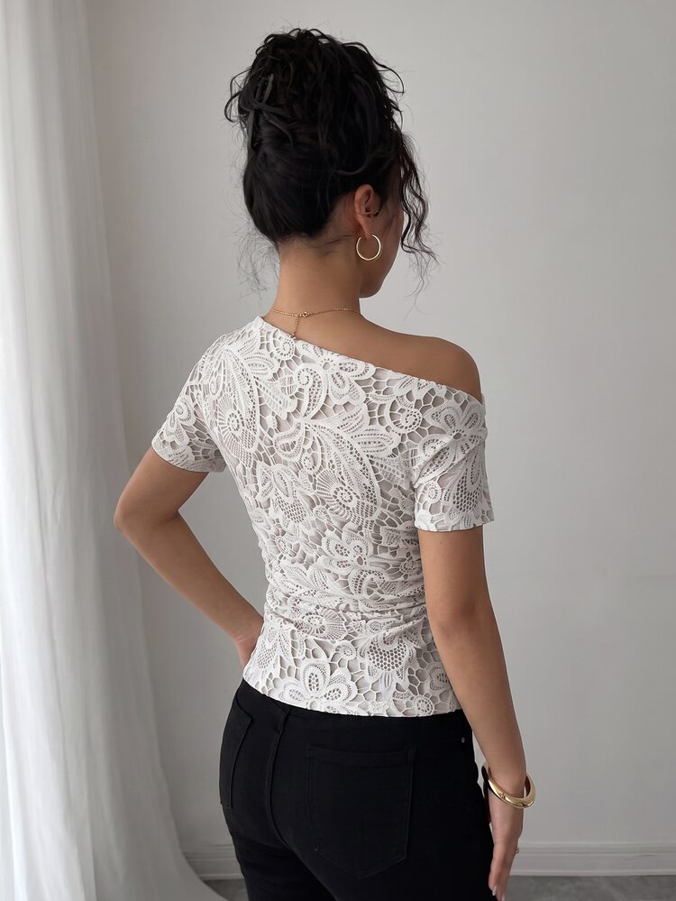 Selianne تي شيرت صيفي أنيق وجذاب بطبعة دانتيل مزيفة وياقة غير متماثلة، أبيض بنقشة زهور، مناسب لنادي الغداء - لون مشمشي - مشاهدة 2