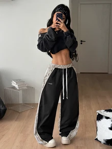 Coolane 女款秋冬春夏街頭風 Y2K 2000年代時尚運動風日常海灘返校夜店穿搭拼色深灰色豹紋寬鬆工裝褲 - 彩色 - 查看 8