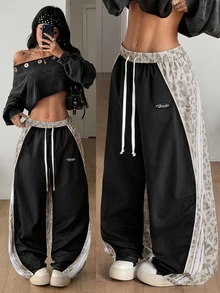 Coolane 女款秋冬春夏街頭風 Y2K 2000年代時尚運動風日常海灘返校夜店穿搭拼色深灰色豹紋寬鬆工裝褲 - 彩色 - 查看 6