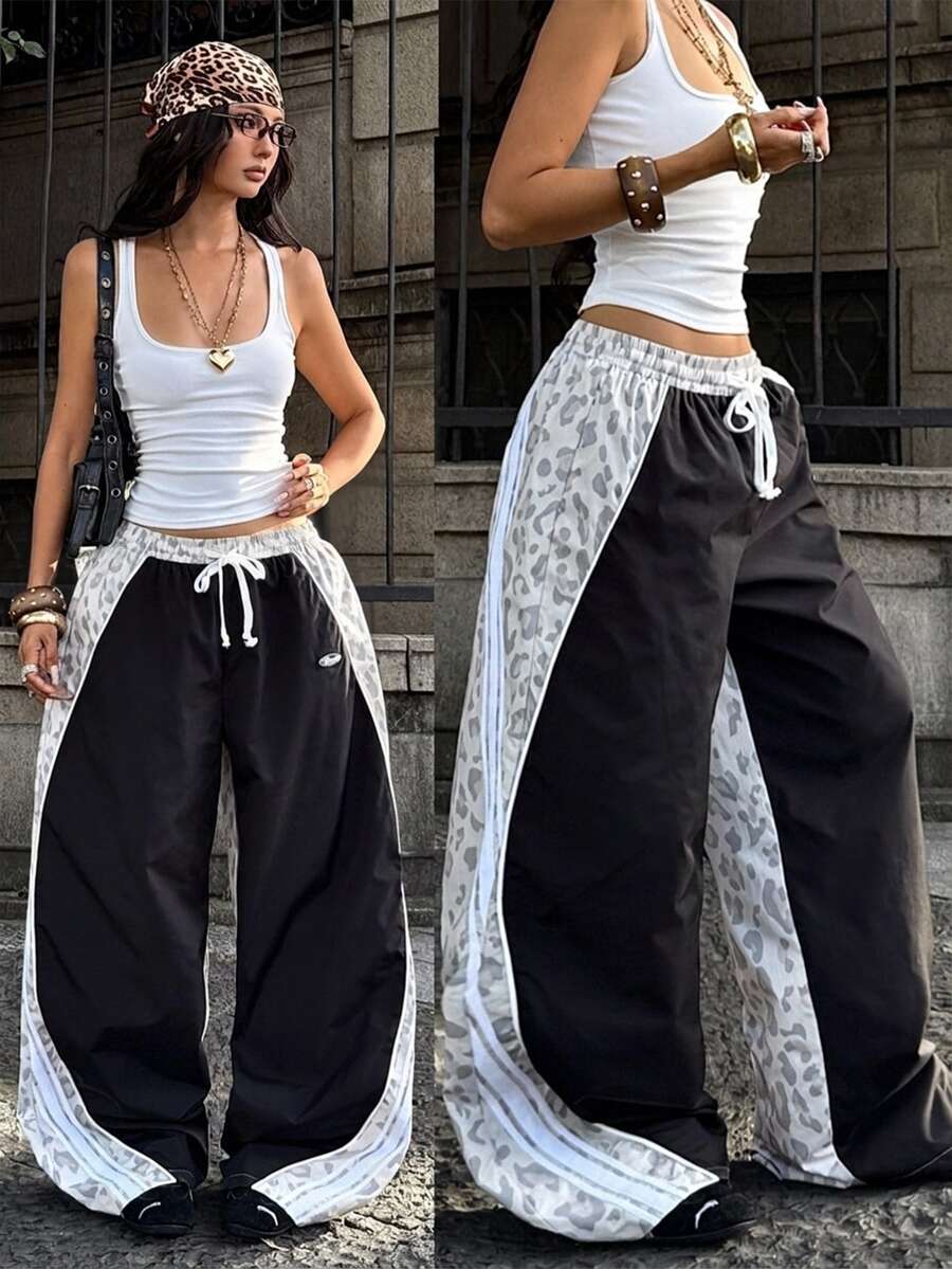 Coolane 女款秋冬春夏街頭風 Y2K 2000年代時尚運動風日常海灘返校夜店穿搭拼色深灰色豹紋寬鬆工裝褲