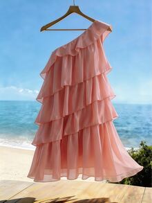 EMERY ROSE One Shoulder Ruffle Tiered Layer Chiffon Mini Dress, Solid Coral Pink Flowy Swing Vacation Party Vacation Vacation Short Dress - Dusty Pink - View 4