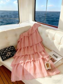 EMERY ROSE One Shoulder Ruffle Tiered Layer Chiffon Mini Dress, Solid Coral Pink Flowy Swing Vacation Party Vacation Vacation Short Dress - Dusty Pink - View 3