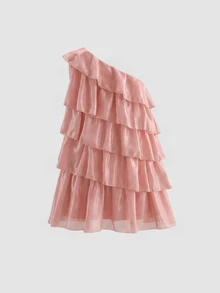 EMERY ROSE One Shoulder Ruffle Tiered Layer Chiffon Mini Dress, Solid Coral Pink Flowy Swing Vacation Party Vacation Vacation Short Dress - Dusty Pink - View 2