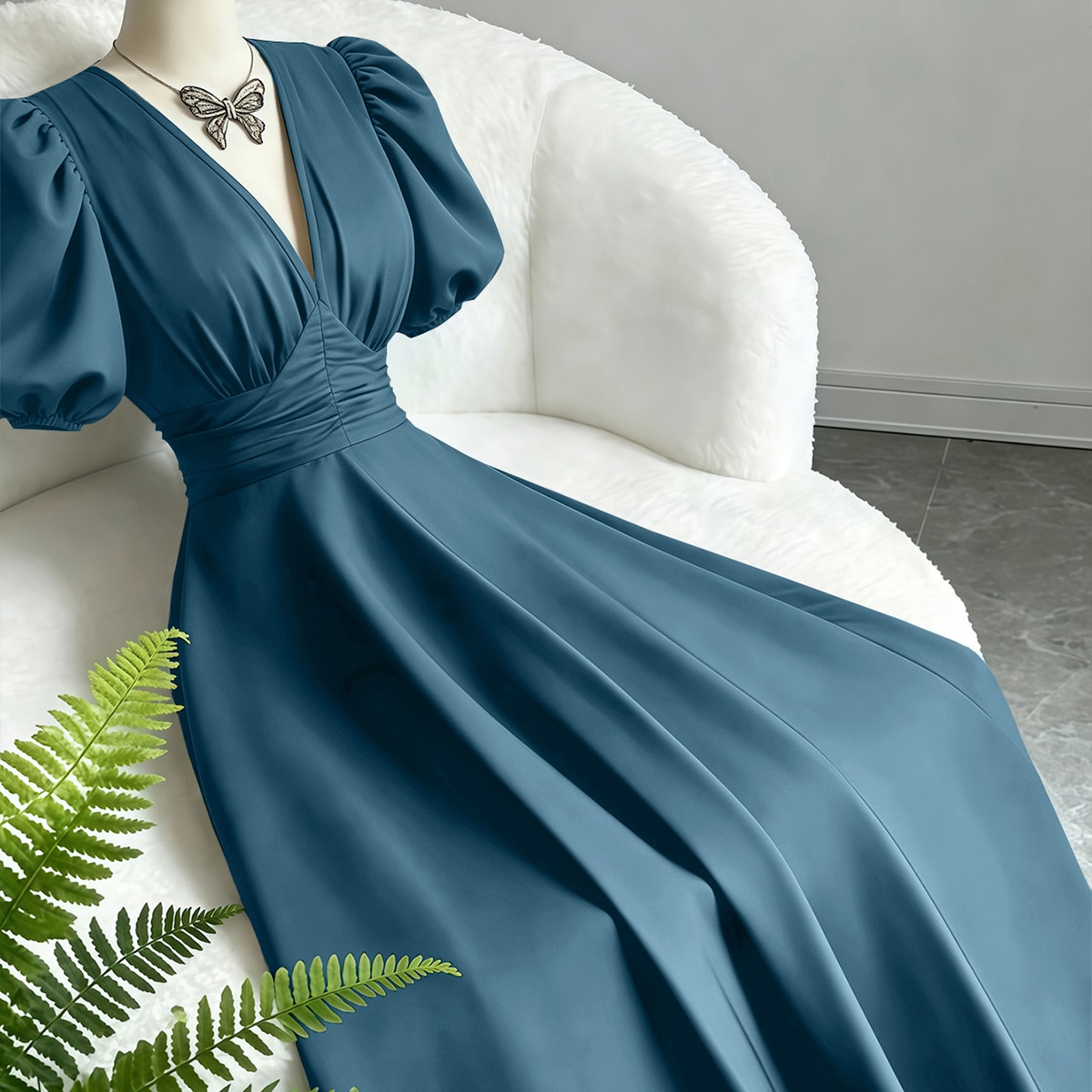 Women's Solid Color V-Neck Pleated Casual Party Travel Long Dress