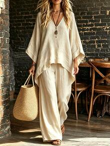 LUMIGAL Women's Loose-Fitting Shirt And Flowing Apricot-Colored Set, A Two-Piece Set, Lightweight Loungewear Suitable For All Seasons. - Apricot - View 5