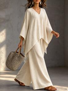 LUMIGAL Women's Loose-Fitting Shirt And Flowing Apricot-Colored Set, A Two-Piece Set, Lightweight Loungewear Suitable For All Seasons. - Apricot - View 4