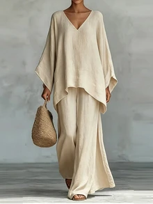 LUMIGAL Women's Loose-Fitting Shirt And Flowing Apricot-Colored Set, A Two-Piece Set, Lightweight Loungewear Suitable For All Seasons. - Apricot - View 3