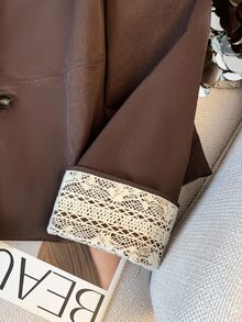 GlowEve Lace Splice Stand Collar Casual Short Women Trench Coat - Coffee Brown - View 6