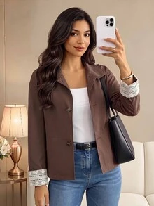GlowEve Lace Splice Stand Collar Casual Short Women Trench Coat - Coffee Brown - View 3