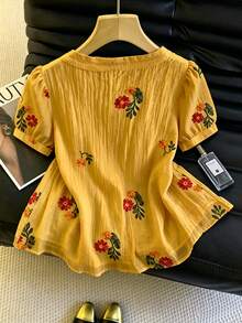 GlowEve 夏季新款精緻清新花卉刺繡紋理女款圓領上衣 - 黃色 - 查看 2