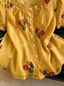 GlowEve 夏季新款精緻清新花卉刺繡紋理女款圓領上衣 - 黃色 - 查看 5