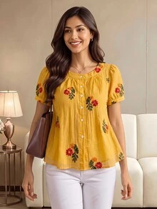 GlowEve 夏季新款精緻清新花卉刺繡紋理女款圓領上衣 - 黃色 - 查看 3