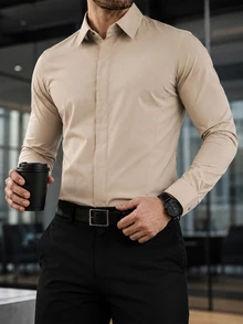 Manfinity Mode Men's Business Casual Design Long Sleeve Shirt - Khaki - View 3