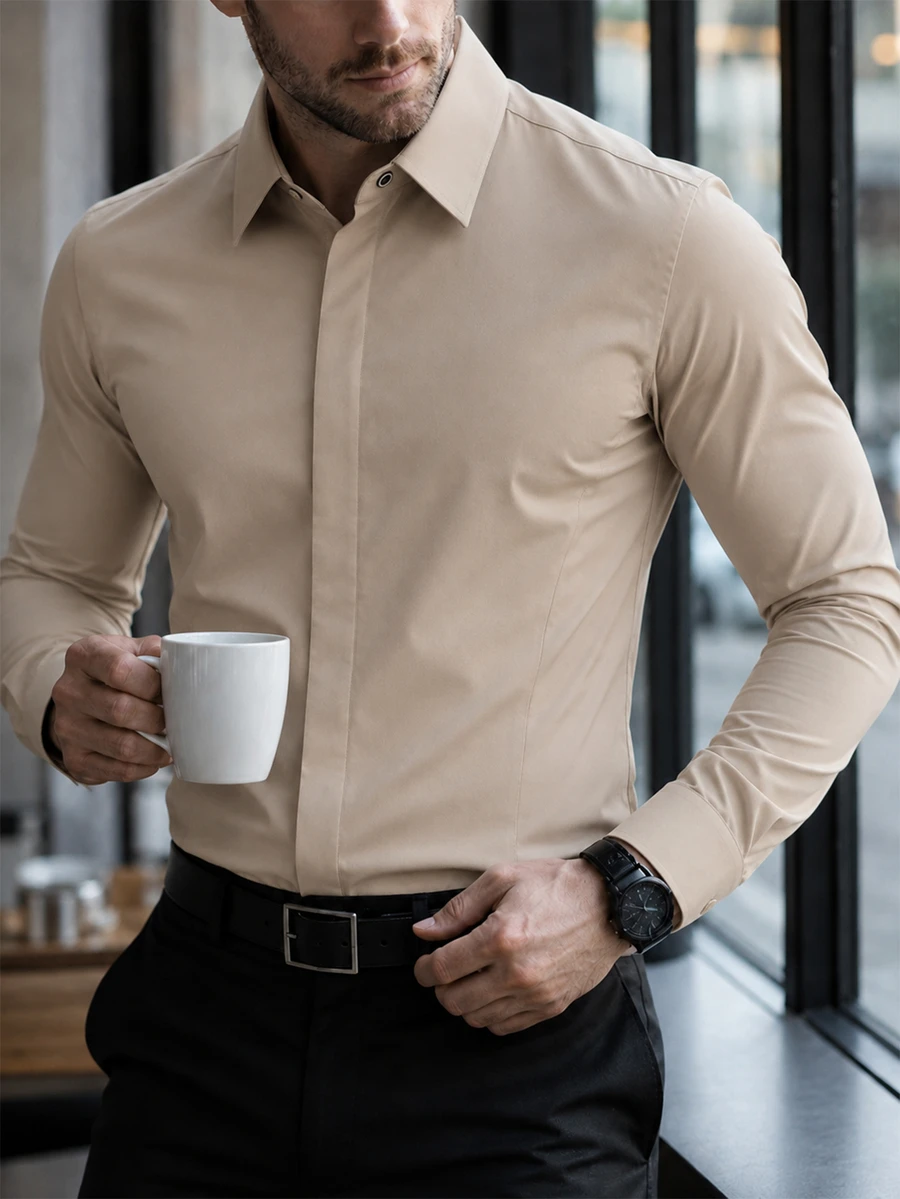 Manfinity Mode Men's Business Casual Design Long Sleeve Shirt - Khaki - View 1