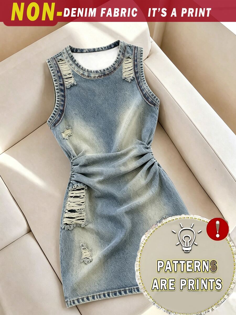 SHEIN 青少年女孩丹寧效果滿版印花無袖洋裝，適合春夏秋季，適合外出與日常穿著，舒適簡約，藍色 - 彩色 - 查看 1