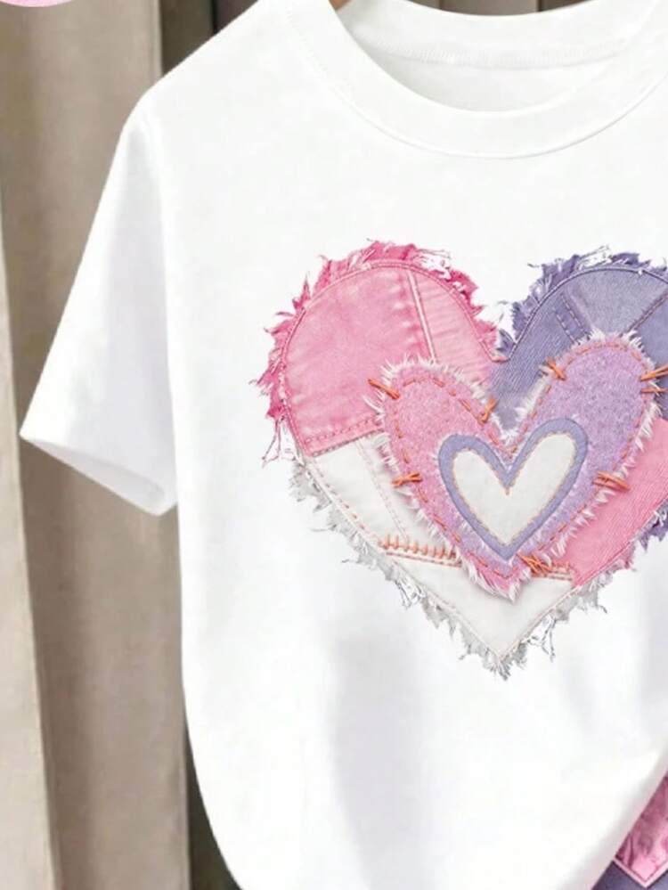 Teen Girls Casual T-Shirt & Shorts Set, Casual Street Style Heart Print Retro Denim Effect Effect T-Shirt And Shorts 2 Pieces Set, Comfortable And Versatile For Daily Wear - Multicolor - View 3