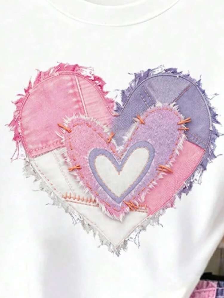 Teen Girls Casual T-Shirt & Shorts Set, Casual Street Style Heart Print Retro Denim Effect Effect T-Shirt And Shorts 2 Pieces Set, Comfortable And Versatile For Daily Wear - Multicolor - View 4