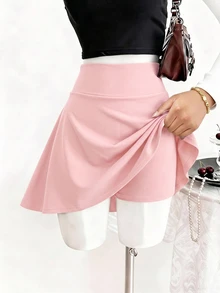 SHEIN Teen Girl Fall Solid Color Casual Versatile Daily Skort, Holiday, Comfortable, Cute - Pink - View 3
