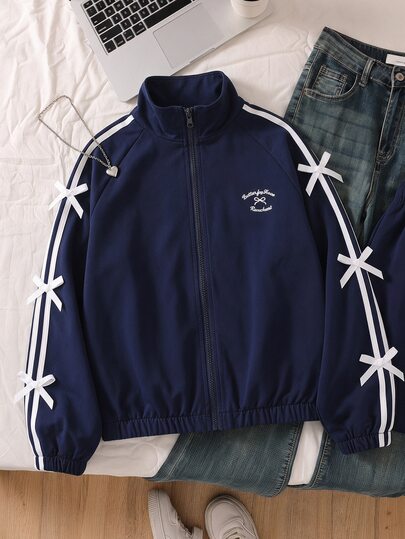 SHEIN Tween Girls' Zip-Up Windbreaker Jacket, Navy Blue, White Bow Decorations On Sleeves, Bow Embroidery On Chest, Fall/Winter, Fit, Cropped, Sports