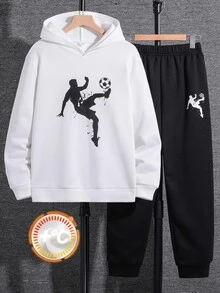 SHEIN 青少年男孩 2件組休閒黑白剪影印花連帽衛衣與運動長褲套裝 - 黑與白 - 查看 5