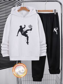 SHEIN 青少年男孩 2件組休閒黑白剪影印花連帽衛衣與運動長褲套裝 - 黑與白 - 查看 3