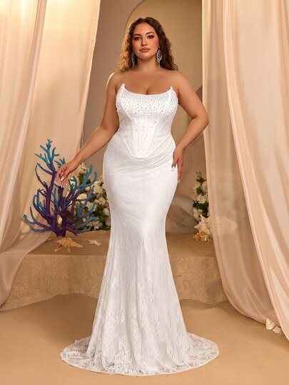 Glamrae Plus Size Elegant Romantic Lace Tube Top Heavy Beading Waist Pleated Fishtail Shape Extra Long Tail (Floating Pieces Not Included) Wedding Dress