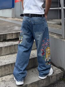 Manfinity EMRG 男士街頭風休閒刺繡藍色牛仔褲 - 中等水洗藍 - 查看 3