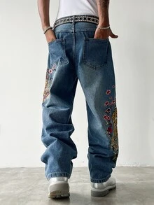 Manfinity EMRG 男士街頭風休閒刺繡藍色牛仔褲 - 中等水洗藍 - 查看 9
