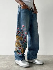 Manfinity EMRG 男士街頭風休閒刺繡藍色牛仔褲 - 中等水洗藍 - 查看 5