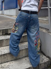 Manfinity EMRG 男士街頭風休閒刺繡藍色牛仔褲 - 中等水洗藍 - 查看 2