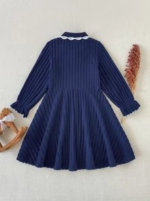 SHEIN Playful Pals 1pc Girls Navy Blue Collared Long Sleeve Cinched Waist Fuzzy Knit Ribbed Fleece Lined Dress, Casual Retro Fashion Elegant Korean Style A-Line Short Dress, Suitable For Spring And Autumn Daily Wear, Travel, Vacation, Birthday Party, Gathering And Other Occasions - Navy Blue - View 3