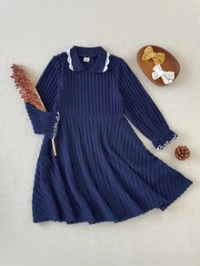SHEIN Playful Pals 1pc Girls Navy Blue Collared Long Sleeve Cinched Waist Fuzzy Knit Ribbed Fleece Lined Dress, Casual Retro Fashion Elegant Korean Style A-Line Short Dress, Suitable For Spring And Autumn Daily Wear, Travel, Vacation, Birthday Party, Gathering And Other Occasions - Navy Blue - View 4