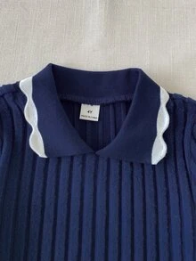 SHEIN Playful Pals 1pc Girls Navy Blue Collared Long Sleeve Cinched Waist Fuzzy Knit Ribbed Fleece Lined Dress, Casual Retro Fashion Elegant Korean Style A-Line Short Dress, Suitable For Spring And Autumn Daily Wear, Travel, Vacation, Birthday Party, Gathering And Other Occasions - Navy Blue - View 7