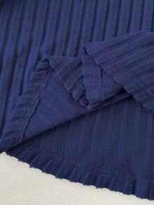 SHEIN Playful Pals 1pc Girls Navy Blue Collared Long Sleeve Cinched Waist Fuzzy Knit Ribbed Fleece Lined Dress, Casual Retro Fashion Elegant Korean Style A-Line Short Dress, Suitable For Spring And Autumn Daily Wear, Travel, Vacation, Birthday Party, Gathering And Other Occasions - Navy Blue - View 9