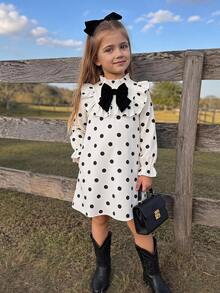 Emery Rose Kids Emery Rose Kids 可愛白色黑波點女童休閒洋裝，荷葉領配蝴蝶結，花瓣袖修身設計 - 白色 - 查看 3