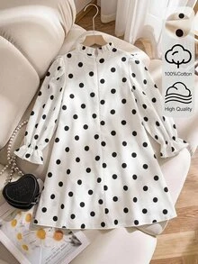 Emery Rose Kids Emery Rose Kids 可愛白色黑波點女童休閒洋裝，荷葉領配蝴蝶結，花瓣袖修身設計 - 白色 - 查看 6