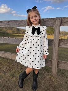 Emery Rose Kids Emery Rose Kids 可愛白色黑波點女童休閒洋裝，荷葉領配蝴蝶結，花瓣袖修身設計 - 白色 - 查看 4