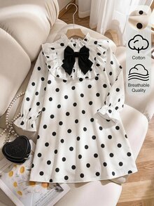 Emery Rose Kids Emery Rose Kids 可愛白色黑波點女童休閒洋裝，荷葉領配蝴蝶結，花瓣袖修身設計 - 白色 - 查看 2
