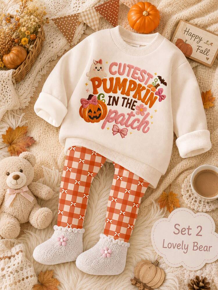 Halloween Cute Bow Colorful Pumpkin Pattern "Cutest Pumpkin In The Patch!" Pumpkin Season, Fall Vibes! Baby Girl Casual Soft Thick Crew Neck Long Sleeve Sweatshirt & Leggings 2-Piece Set - Multicolor - View 3