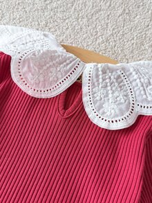 SHEIN Girls' Spring/Autumn Sweet Ruffle Collar Red Cotton Ribbed Long Sleeve Base Layer, Soft Fabric, Back Neck Button For Easy On/Off, Versatile For Vest/Jacket Pairing, Suitable For Shopping, Park, Walking And Outdoor Activities - Red - View 5