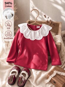 SHEIN Girls' Spring/Autumn Sweet Ruffle Collar Red Cotton Ribbed Long Sleeve Base Layer, Soft Fabric, Back Neck Button For Easy On/Off, Versatile For Vest/Jacket Pairing, Suitable For Shopping, Park, Walking And Outdoor Activities - Red - View 4