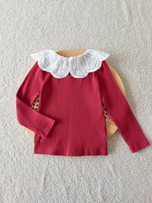 SHEIN Girls' Spring/Autumn Sweet Ruffle Collar Red Cotton Ribbed Long Sleeve Base Layer, Soft Fabric, Back Neck Button For Easy On/Off, Versatile For Vest/Jacket Pairing, Suitable For Shopping, Park, Walking And Outdoor Activities - Red - View 3