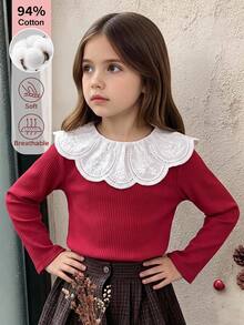 SHEIN Girls' Spring/Autumn Sweet Ruffle Collar Red Cotton Ribbed Long Sleeve Base Layer, Soft Fabric, Back Neck Button For Easy On/Off, Versatile For Vest/Jacket Pairing, Suitable For Shopping, Park, Walking And Outdoor Activities - Red - View 2