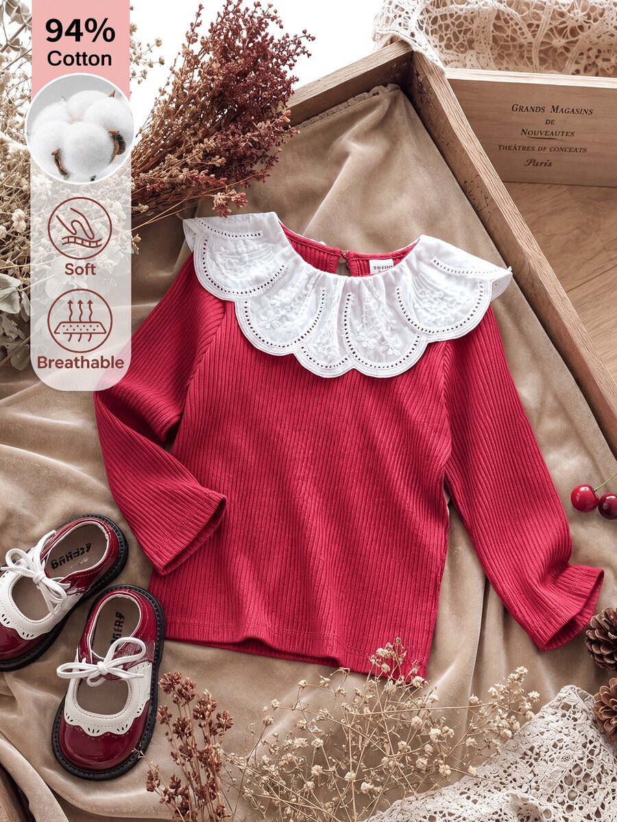 SHEIN Girls' Spring/Autumn Sweet Ruffle Collar Red Cotton Ribbed Long Sleeve Base Layer, Soft Fabric, Back Neck Button For Easy On/Off, Versatile For Vest/Jacket Pairing, Suitable For Shopping, Park, Walking And Outdoor Activities - Red - View 1