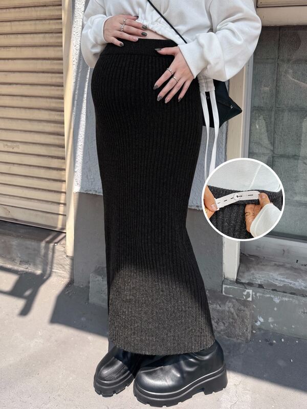 SHEIN Maternity Solid Color Adjustable Waist Elegant Knit Midi Skirt Winter