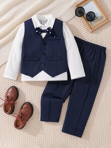 SHEIN 男童学院风纯色长袖衬衫、马甲和长裤三件套西装，绅士风格，适合儿童穿着，适合男童，可用于返校、校服、幼儿园、生日派对、晚宴、婚礼、洗礼、开学典礼、日常穿着、旅行、运动、秋冬季等场合。 - 藍色 - 查看 4