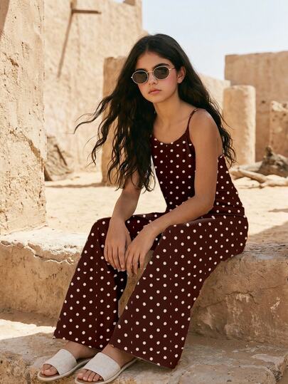SHEIN Sparklyn Tween Girls Vintage Aesthetic Everyday Casual Loose Camisole Long Romper High Waist Sleeveless Wide Leg Jumpsuit With Classic Polka Dot Pattern