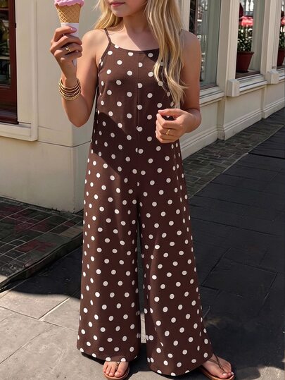 SHEIN Sparklyn جمبسوت رومبر طويل بخصر عالي بدون أكمام وساق واسعة، كاميسول فضفاض كاجوال يومي بطابع جمالي فينتاج للبنات المراهقات، بنقشة نقاط بولكا كلاسيكية