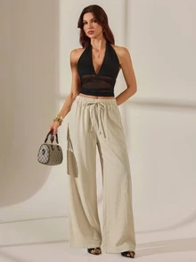 SHEIN Tall 2026女款春夏度假系列：新款杏色100%純棉寬鬆抽繩腰長褲，水洗棉面料，適合居家休閒、外出、海灘活動、時尚穿搭、日常穿著、通勤、度假休閒、浪漫場合及日常穿搭 - 杏色 - 查看 7