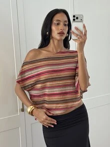 Aloruh 女款夏季休閒條紋不對稱領上衣 - 彩色 - 查看 6
